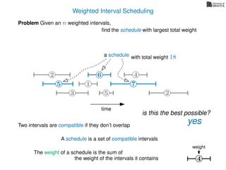 Weighted Interval Scheduling
Problem Given an n weighted intervals,
ﬁnd the schedule with largest total weight
time
2
1
3 5 2
4
75
6
4
weight
6
Two intervals are compatible if they don’t overlap
A schedule is a set of compatible intervals
The weight of a schedule is the sum of
the weight of the intervals it contains
with total weight 18
7
a schedule
is this the best possible?
5
yes
 