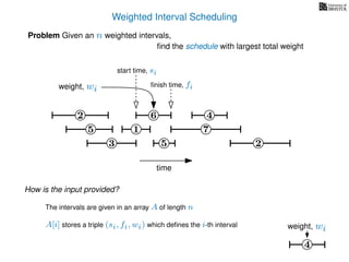 Weighted Interval Scheduling
6
Problem Given an n weighted intervals,
ﬁnd the schedule with largest total weight
2
1
3 5 2
4
7
time
5
start time, si
ﬁnish time, fiweight, wi
How is the input provided?
The intervals are given in an array A of length n
A[i] stores a triple (si, fi, wi) which deﬁnes the i-th interval
4
weight, wi
 