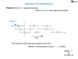 Weighted Interval Scheduling
Problem Given an n weighted intervals,
ﬁnd the schedule with largest total weight
4
weight, wi
2
1
3 5 2
4
75
62
interval 1
The intervals in the input are sorted by ﬁnish time
interval i ﬁnishes before interval i + 1 ﬁnishes
time
 
