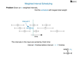 Weighted Interval Scheduling
Problem Given an n weighted intervals,
ﬁnd the schedule with largest total weight
4
weight, wi
2
1
3 5 2
4
75
6
1
interval 4
The intervals in the input are sorted by ﬁnish time
interval i ﬁnishes before interval i + 1 ﬁnishes
time
 