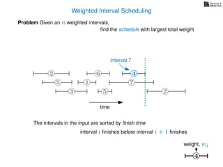 Weighted Interval Scheduling
Problem Given an n weighted intervals,
ﬁnd the schedule with largest total weight
4
weight, wi
2
1
3 5 2
4
75
6 4
interval 7
The intervals in the input are sorted by ﬁnish time
interval i ﬁnishes before interval i + 1 ﬁnishes
time
 