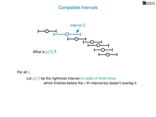 Compatible Intervals
Let p(i) be the rightmost interval (in order of ﬁnish time)
which ﬁnishes before the i-th interval but doesn’t overlap it
For all i,
interval 2
What is p(2)?
 