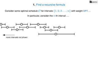 1. Find a recursive formula
Consider some optimal schedule O for intervals {1, 2, 3 . . . , n} with weight OPT. . .
In particular, consider the n-th interval . . .
more intervals not shown
 