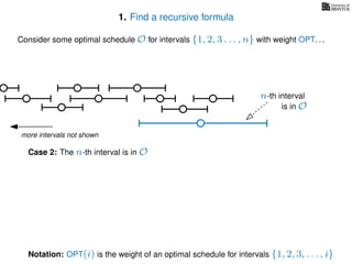 1. Find a recursive formula
Consider some optimal schedule O for intervals {1, 2, 3 . . . , n} with weight OPT. . .
more intervals not shown
n-th interval
Notation: OPT(i) is the weight of an optimal schedule for intervals {1, 2, 3, . . . , i}
Case 2: The n-th interval is in O
is in O
 