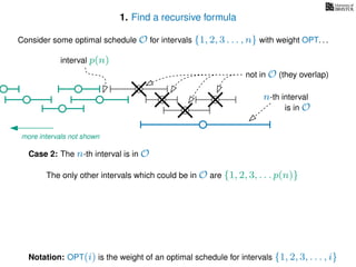 1. Find a recursive formula
Consider some optimal schedule O for intervals {1, 2, 3 . . . , n} with weight OPT. . .
n-th interval
Notation: OPT(i) is the weight of an optimal schedule for intervals {1, 2, 3, . . . , i}
Case 2: The n-th interval is in O
is in O
The only other intervals which could be in O are {1, 2, 3, . . . p(n)}
not in O (they overlap)
more intervals not shown
interval p(n)
 