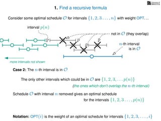 1. Find a recursive formula
Consider some optimal schedule O for intervals {1, 2, 3 . . . , n} with weight OPT. . .
n-th interval
Notation: OPT(i) is the weight of an optimal schedule for intervals {1, 2, 3, . . . , i}
Case 2: The n-th interval is in O
is in O
The only other intervals which could be in O are {1, 2, 3, . . . p(n)}
not in O (they overlap)
(the ones which don’t overlap the n-th interval)
more intervals not shown
for the intervals {1, 2, 3 . . . , p(n)}
Schedule O with interval n removed gives an optimal schedule
interval p(n)
 