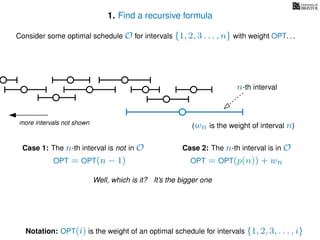 1. Find a recursive formula
Consider some optimal schedule O for intervals {1, 2, 3 . . . , n} with weight OPT. . .
more intervals not shown
n-th interval
Notation: OPT(i) is the weight of an optimal schedule for intervals {1, 2, 3, . . . , i}
(wn is the weight of interval n)
Case 2: The n-th interval is in OCase 1: The n-th interval is not in O
OPT = OPT(n − 1) OPT = OPT(p(n)) + wn
Well, which is it? It’s the bigger one
 