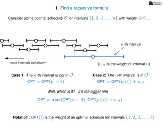 1. Find a recursive formula
Consider some optimal schedule O for intervals {1, 2, 3 . . . , n} with weight OPT. . .
more intervals not shown
n-th interval
Notation: OPT(i) is the weight of an optimal schedule for intervals {1, 2, 3, . . . , i}
(wn is the weight of interval n)
Case 2: The n-th interval is in OCase 1: The n-th interval is not in O
OPT = OPT(n − 1) OPT = OPT(p(n)) + wn
Well, which is it? It’s the bigger one
OPT = max(OPT(n − 1), OPT(p(n)) + wn)
 