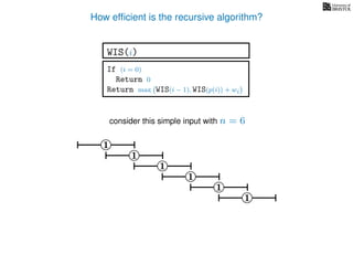 How efﬁcient is the recursive algorithm?
consider this simple input with n = 6
1
1
1
1
1
1
If (i = 0)
Return 0
Return max WIS(i − 1), WIS(p(i)) + wi
WIS(i)
 