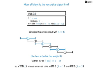 How efﬁcient is the recursive algorithm?
consider this simple input with n = 6
If (i = 0)
Return 0
Return max WIS(i − 1), WIS(p(i)) + wi
WIS(i)
1
1
1
1
1
1
(the best schedule has weight 3)
further, for all i, p(i) = i − 2
so WIS(i) makes recursive calls to WIS(i − 1) and WIS(i − 2)
 