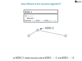 How efﬁcient is the recursive algorithm?
If (i = 0)
Return 0
Return max WIS(i − 1), WIS(p(i)) + wi
WIS(i)
so WIS(i) makes recursive calls to WIS(i − 1) and WIS(i − 2)
6
WIS(6)
5 4
 