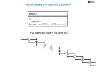How efﬁcient is the recursive algorithm?
1
1
1
1
1
1
If (i = 0)
Return 0
Return max WIS(i − 1), WIS(p(i)) + wi
WIS(i)
if we extend this input in the same way. . .
1
1
1
 