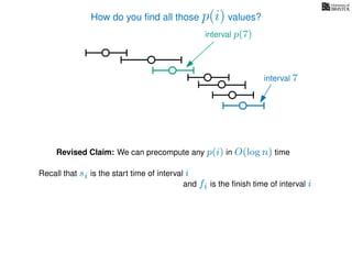 How do you ﬁnd all those p(i) values?
Revised Claim: We can precompute any p(i) in O(log n) time
interval p(7)
interval 7
Recall that si is the start time of interval i
and fi is the ﬁnish time of interval i
 