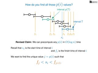 How do you ﬁnd all those p(i) values?
Revised Claim: We can precompute any p(i) in O(log n) time
interval p(7)
interval 7
Recall that si is the start time of interval i
We want to ﬁnd the unique value j = p(i) such that
and fi is the ﬁnish time of interval i
fj < si < fj+1.
si
f1 f2 f3 f4 f5f6 f7
 
