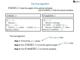 The ﬁnal algorithm
ItWIS(n) ﬁnds the weight of the optimal schedule
and FINDWIS(n) ﬁnds the actual schedule
The ﬁnal algorithm:
Step 1: Find all the p(i) values
Step 2: Run ItWIS(n) to ﬁnd the optimal weight
Step 3: Run FindWIS(n) to ﬁnd the schedule
O(n log n) time
O(n) time
FindWIS(i)
If (i = 0)
Return nothing
If WIS[i − 1] WIS[p(i)]+wi
Return FindWIS(p(i)) then i
Return FindWIS(i − 1)
ItWIS(n)
If (i = 0)
Return 0
For i = 1 to n
WIS[i]= max WIS[i − 1],WIS[p(i)]+wi
Return WIS[i]
 