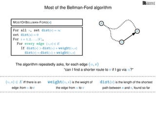 Most of the Bellman-Ford algorithm
MOSTOFBELLMAN-FORD(s)
weight(u, v) is the weight of
the edge from u to v
(u, v) ∈ E iff there is an
edge from u to v
dist(v) is the length of the shortest
path between s and v, found so far
For all v, set dist(v) = ∞
set dist(s) = 0
For i = 1, 2, . . . , |V |,
For every edge (u, v) ∈ E
If dist(v) > dist(u) + weight(u, v)
dist(v) = dist(u) + weight(u, v)
s
u
v
The algorithm repeatedly asks, for each edge (u, v)
“can I ﬁnd a shorter route to v if I go via u?”
 