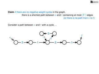 Claim if there are no negative weight cycles in the graph,
there is a shortest path between s and t containing at most |V | edges
Consider a path between s and t with a cycle. . .
s
t
3 1 2 -1
-1
3
-1
(or there is no path from s to t)
 