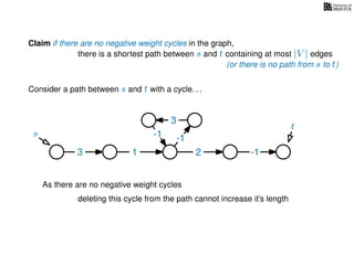 Claim if there are no negative weight cycles in the graph,
there is a shortest path between s and t containing at most |V | edges
Consider a path between s and t with a cycle. . .
s
t
3 1 2 -1
-1
3
-1
As there are no negative weight cycles
deleting this cycle from the path cannot increase it’s length
(or there is no path from s to t)
 