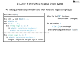 BELLMAN-FORD without negative weight cycles
BELLMAN-FORD(s)
For all v, set dist(v) = ∞
set dist(s) = 0
For i = 1, 2, . . . , |V |,
For every edge (u, v) ∈ E
if dist(v) > dist(u) + weight(u, v)
dist(v) = dist(u) + weight(u, v)
For every edge (u, v) ∈ E
if dist(v) > dist(u) + weight(u, v)
Output ‘Negative weight cycle found’
After the ﬁrst |V | iterations
for each vertex v,
We ﬁrst argue that the algorithm still works when there is no negative weight cycle
(which haven’t changed),
dist(v) is the length
of the shortest path between s and v
 