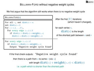 BELLMAN-FORD without negative weight cycles
BELLMAN-FORD(s)
For all v, set dist(v) = ∞
set dist(s) = 0
For i = 1, 2, . . . , |V |,
For every edge (u, v) ∈ E
if dist(v) > dist(u) + weight(u, v)
dist(v) = dist(u) + weight(u, v)
For every edge (u, v) ∈ E
if dist(v) > dist(u) + weight(u, v)
Output ‘Negative weight cycle found’
After the ﬁrst |V | iterations
for each vertex v,
‘Negative weight cycle found’If the ﬁnal check outputs:
then there is a path from s to some v (via u)
We ﬁrst argue that the algorithm still works when there is no negative weight cycle
(which haven’t changed),
dist(v) is the length
of the shortest path between s and v
with length dist(u) + weight(u, v) < dist(v)
i.e. a path which is shorter than the shortest path
 