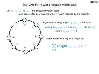 BELLMAN-FORD with a negative weight cycle
Let v1, v2, . . . vk ∈ V be a negative weight cycle
and assume for a contradiction, that it wasn’t reported by the algorithm
v1
v2
v3
v4
v5
v6
vk
weight(vj, vj+1) dist(vj+1) − dist(vj)
In general for every edge (vj, vj+1), we have
(where vk+1 = v1)
But the cycle has negative weight so,
k
j=1
weight(vj, vj+1) < 0
 