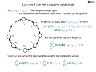 BELLMAN-FORD with a negative weight cycle
Let v1, v2, . . . vk ∈ V be a negative weight cycle
and assume for a contradiction, that it wasn’t reported by the algorithm
v1
v2
v3
v4
v5
v6
vk
weight(vj, vj+1) dist(vj+1) − dist(vj)
In general for every edge (vj, vj+1), we have
(where vk+1 = v1)
However, if we sum all the edge weights using the top expressions we get,
But the cycle has negative weight so,
k
j=1
weight(vj, vj+1) < 0
k
j=1
dist(vj+1) −
k
j=1
dist(vj)
k
j=1
weight(vj, vj+1) = 0
 