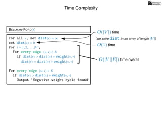 Time Complexity
BELLMAN-FORD(s)
For all v, set dist(v) = ∞
set dist(s) = 0
For i = 1, 2, . . . , |V |,
For every edge (u, v) ∈ E
if dist(v) > dist(u) + weight(u, v)
dist(v) = dist(u) + weight(u, v)
For every edge (u, v) ∈ E
if dist(v) > dist(u) + weight(u, v)
Output ‘Negative weight cycle found’
O(|V |) time
(we store dist in an array of length |V |)
O(1) time
O(|V ||E|) time overall
 