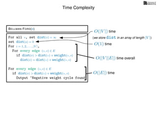 Time Complexity
BELLMAN-FORD(s)
For all v, set dist(v) = ∞
set dist(s) = 0
For i = 1, 2, . . . , |V |,
For every edge (u, v) ∈ E
if dist(v) > dist(u) + weight(u, v)
dist(v) = dist(u) + weight(u, v)
For every edge (u, v) ∈ E
if dist(v) > dist(u) + weight(u, v)
Output ‘Negative weight cycle found’
O(|V |) time
(we store dist in an array of length |V |)
O(|E|) time
O(1) time
O(|V ||E|) time overall
 