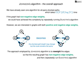 JOHNSON’s algorithm - the overall approach
We have already seen one algorithm for all-pairs shortest paths
which takes O(|V ||E| log |V |) time
If the graph had non-negative edge weights,
we could have achieved this complexity by repeatedly running DIJKSTRA’s algorithm
The approach employed by JOHNSON’s algorithm is to reweight the edges
However, we are interested in graphs with both positive and negative edge weights,
so that the resulting graph has non-negative edge weights,
and then (repeatedly) run DIJKSTRA’s algorithm
A
B
C
D
1 4
becomes-2
-1
0
1
A
B
C
D
5
1
0
0
0
0
the shortest path length may change
but the route remains the same
 