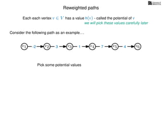 Reweighted paths
Consider the following path as an example. . .
Each each vertex v ∈ V has a value h(v) - called the potential of v
v1
we will pick these values carefully later
v2 v3 v4 v5 v6-2 3 1 7 4
Pick some potential values
 
