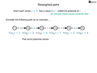 Reweighted paths
Consider the following path as an example. . .
Each each vertex v ∈ V has a value h(v) - called the potential of v
v1
we will pick these values carefully later
v2 v3 v4 v5 v6
h(v1) = 5 h(v2) = 2 h(v3) = 0 h(v4) = 1 h(v5) = 2 h(v6) = 4
-2 3 1 7 4
Pick some potential values
 
