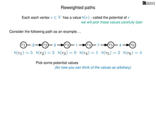Reweighted paths
Consider the following path as an example. . .
Each each vertex v ∈ V has a value h(v) - called the potential of v
v1
we will pick these values carefully later
v2 v3 v4 v5 v6
h(v1) = 5 h(v2) = 2 h(v3) = 0 h(v4) = 1 h(v5) = 2 h(v6) = 4
-2 3 1 7 4
(for now you can think of the values as arbitrary)
Pick some potential values
 