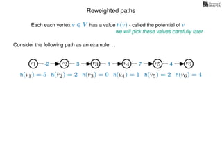 Reweighted paths
Consider the following path as an example. . .
Each each vertex v ∈ V has a value h(v) - called the potential of v
v1
we will pick these values carefully later
v2 v3 v4 v5 v6
h(v1) = 5 h(v2) = 2 h(v3) = 0 h(v4) = 1 h(v5) = 2 h(v6) = 4
-2 3 1 7 4
 