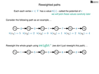Reweighted paths
Consider the following path as an example. . .
Each each vertex v ∈ V has a value h(v) - called the potential of v
v1
we will pick these values carefully later
v2 v3 v4 v5 v6
h(v1) = 5 h(v2) = 2 h(v3) = 0 h(v4) = 1 h(v5) = 2 h(v6) = 4
-2 3 1 7 4
Reweight the whole graph using weight’ (we don’t just reweight this path). . .
v1 v2 v3 v4 v5 v61 5 0 6 2
 