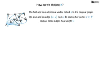 How do we choose h?
We ﬁrst add one additional vertex called s to the original graph
We also add an edge (s, v) from s to each other vertex v ∈ V
s
each of these edges has weight 00
0
0
0
0
0
0
0
0
0
 