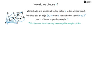 How do we choose h?
We ﬁrst add one additional vertex called s to the original graph
We also add an edge (s, v) from s to each other vertex v ∈ V
This does not introduce any new negative weight cycless
each of these edges has weight 00
0
0
0
0
0
0
0
0
0
 