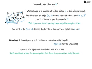 How do we choose h?
We ﬁrst add one additional vertex called s to the original graph
We also add an edge (s, v) from s to each other vertex v ∈ V
This does not introduce any new negative weight cycless
each of these edges has weight 00
0
0
0
0
0
0
0
0
0
For each v, let δ(s, v) denote the length of the shortest path from s to v
Warning: If the original graph contains a negative weight cycle,
δ(s, v) may be undeﬁned
JOHNSON’s algorithm will detect this and abort
Let’s continue under the assumption that there is no negative weight cycle
 