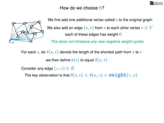 How do we choose h?
We ﬁrst add one additional vertex called s to the original graph
We also add an edge (s, v) from s to each other vertex v ∈ V
This does not introduce any new negative weight cycless
each of these edges has weight 00
0
0
0
0
0
0
0
0
0
For each v, let δ(s, v) denote the length of the shortest path from s to v
we then deﬁne h(v) to equal δ(s, v)
The key observation is that δ(s, v) δ(s, u) + weight(u, v)
Consider any edge (u, v) ∈ E
 