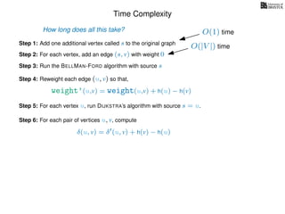 Time Complexity
Step 1: Add one additional vertex called s to the original graph
Step 2: For each vertex, add an edge (s, v) with weight 0
Step 3: Run the BELLMAN-FORD algorithm with source s
Step 4: Reweight each edge (u, v) so that,
weight’(u,v) = weight(u,v) + h(u) − h(v)
Step 5: For each vertex u, run DIJKSTRA’s algorithm with source s = u.
Step 6: For each pair of vertices u, v, compute
δ(u, v) = δ (u, v) + h(v) − h(u)
How long does all this take? O(1) time
O(|V |) time
 