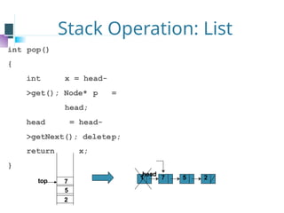 Stack Operation: List
top
2
5
7
1 7 5 2
int pop()
{
int x = head-
>get(); Node* p =
head;
head = head-
>getNext(); deletep;
return x;
}
head
 