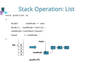 Stack Operation: List
top
2
5
7
9
7 5 2
void push(int x)
{
Node* newNode = new
Node(); newNode->set(x);
newNode->setNext(head);
head = newNode;
}
head
push(9)
9
newNode
 