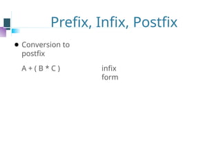 Prefix, Infix, Postfix
⚫ Conversion to
postfix
A + ( B * C ) infix
form
 