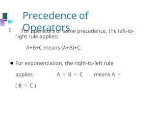 Precedence of
Operators
⚫ For operators of same precedence, the left-to-
right rule applies:
A+B+C means (A+B)+C.
⚫ For exponentiation, the right-to-left rule
applies A  B  C means A 
( B  C )
 