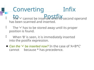 Converting Infix
to Postfix
⚫ The ‘+’ cannot be inserted until its second operand
has been scanned and inserted.
⚫ The ‘+’ has to be stored away until its proper
position is found.
⚫ When ‘B’ is seen, it is immediately inserted
into the postfix expression.
⚫ Can the ‘+’ be inserted now? In the case of ‘A+B*C’
cannot because * has precedence.
 