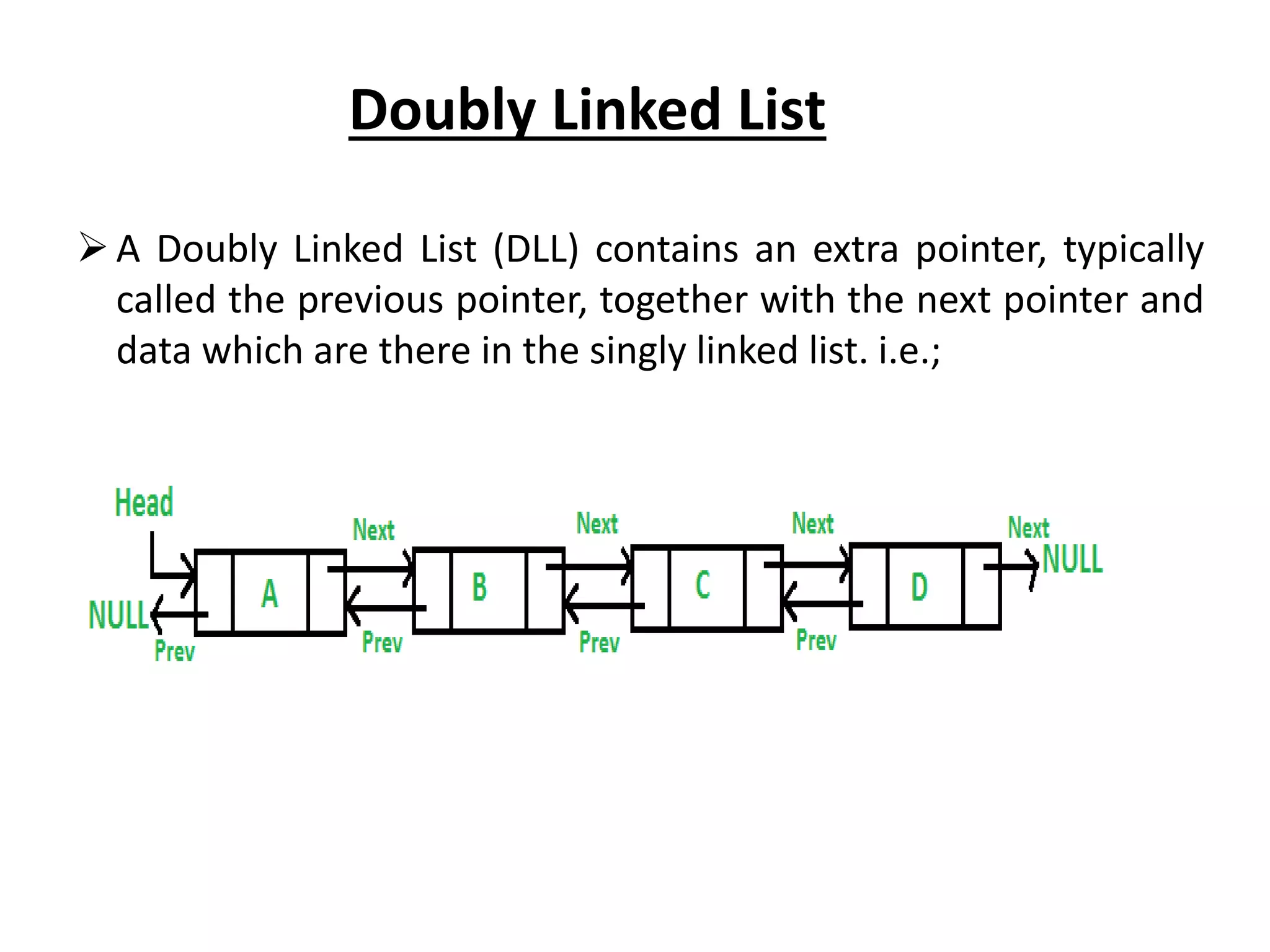 Doubly Linked List
A Doubly Linked List (DLL) contains an extra pointer, typically
called the previous pointer, together with the next pointer and
data which are there in the singly linked list. i.e.;
 