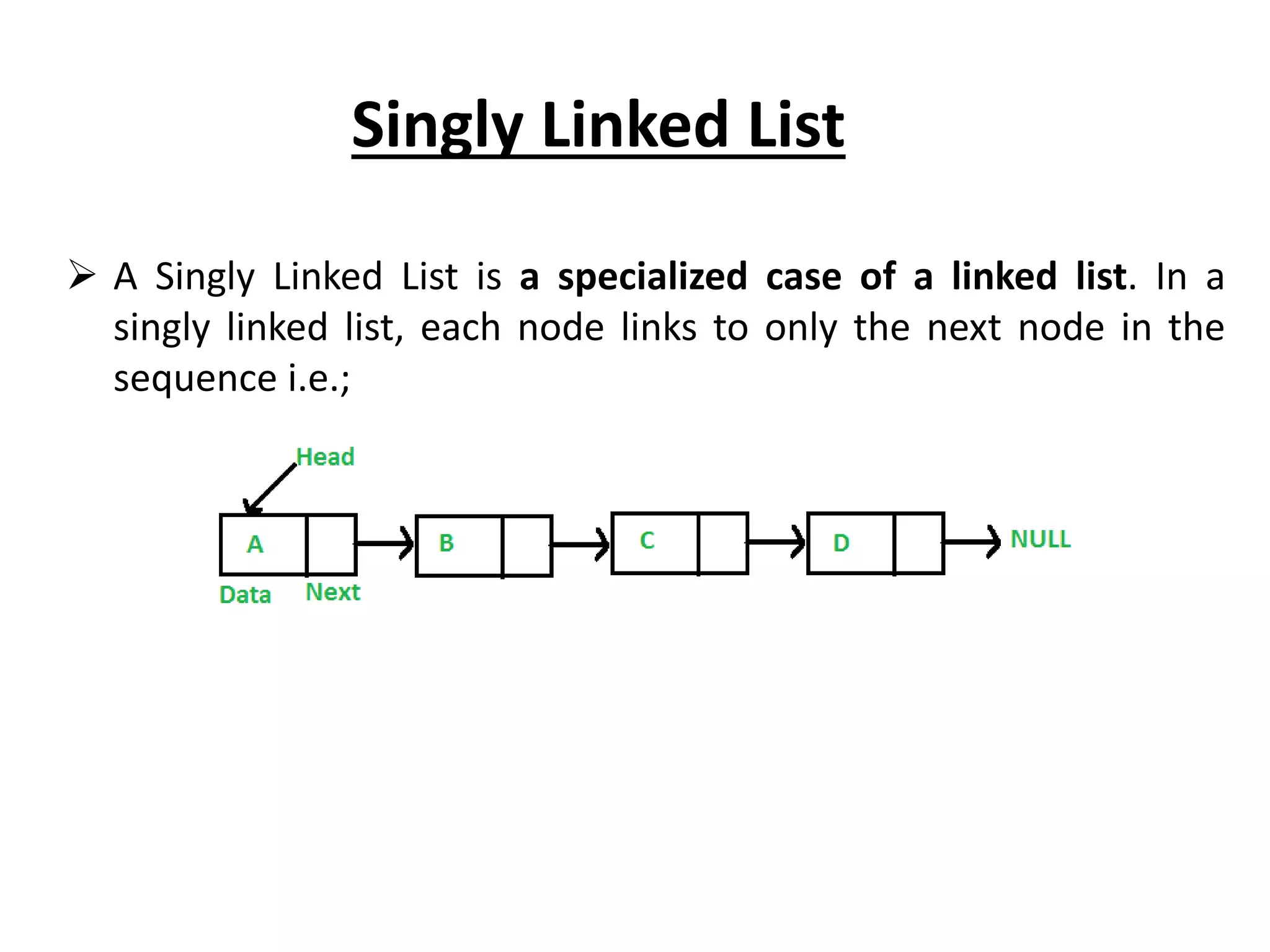 Singly Linked List
 A Singly Linked List is a specialized case of a linked list. In a
singly linked list, each node links to only the next node in the
sequence i.e.;
 