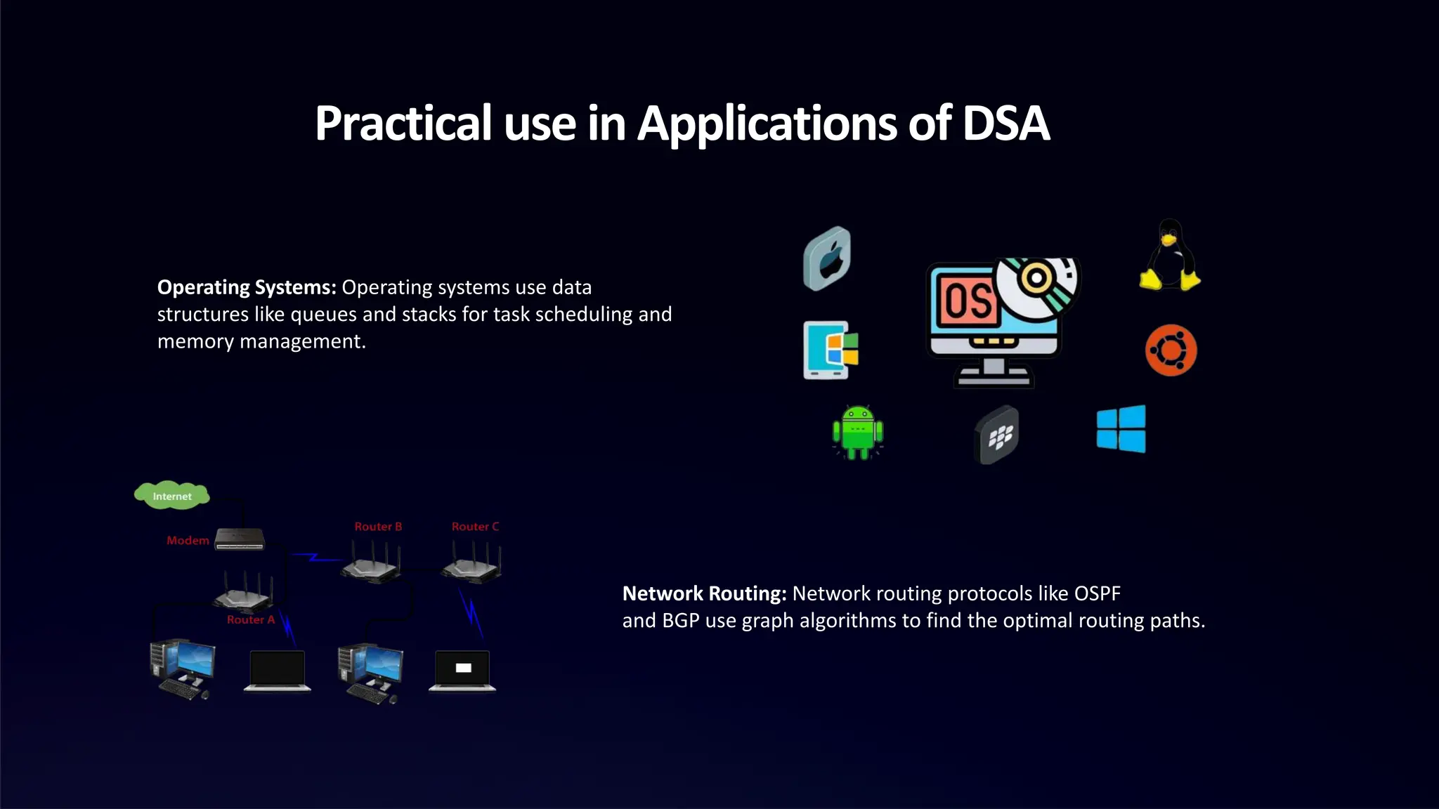 Practical use in Applications of DSA
Operating Systems: Operating systems use data
structures like queues and stacks for task scheduling and
memory management.
Network Routing: Network routing protocols like OSPF
and BGP use graph algorithms to find the optimal routing paths.
 