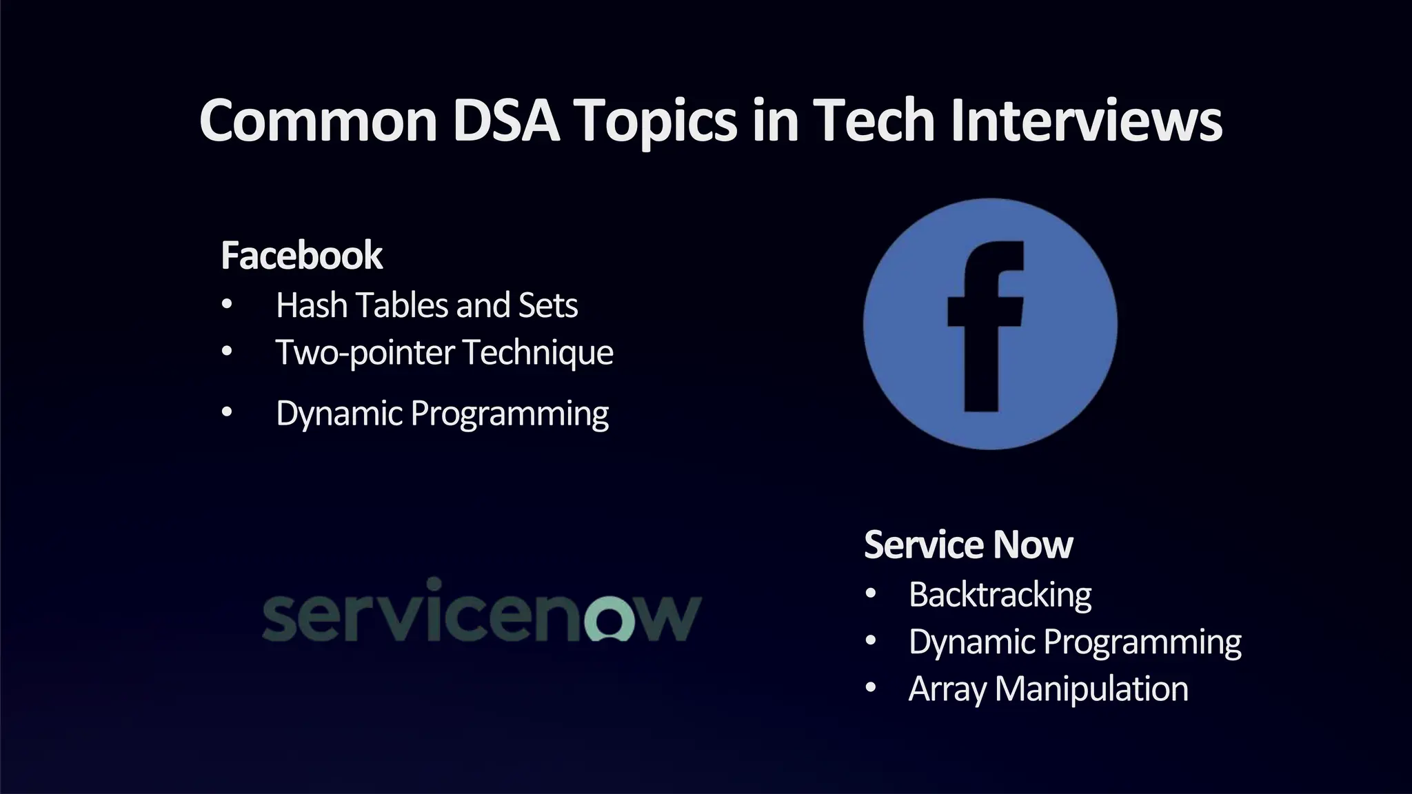 Common DSA Topics in Tech Interviews
Facebook
• HashTablesandSets
• Two-pointerTechnique
• Dynamic Programming
Service Now
• Backtracking
• Dynamic Programming
• ArrayManipulation
 
