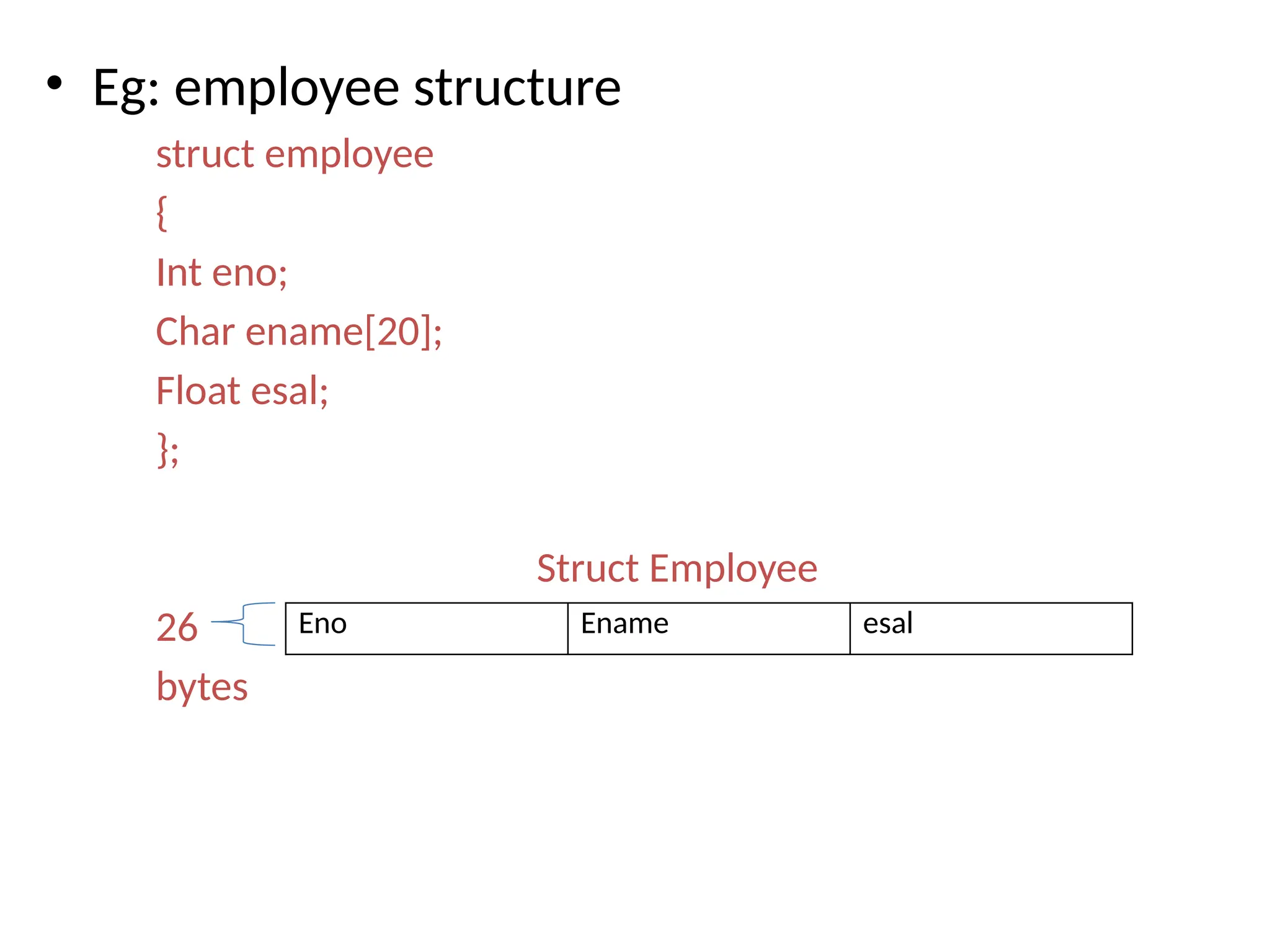 • Eg: employee structure
struct employee
{
Int eno;
Char ename[20];
Float esal;
};
Struct Employee
26
bytes
Eno Ename esal
 