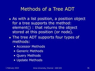 1 February 2023 Anna University, Chennai - 600 025 36
Methods of a Tree ADT
 As with a list position, a position object
for a tree supports the method:
element() : that returns the object
stored at this position (or node).
 The tree ADT supports four types of
methods:
• Accessor Methods
• Generic Methods
• Query Methods
• Update Methods
 